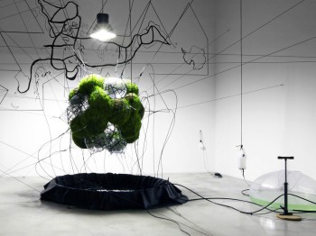 A gallery installation made of clear and mossy orbs and black fibers in the shape of a world map.