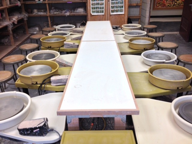 Potters wheels in a ceramics studio.