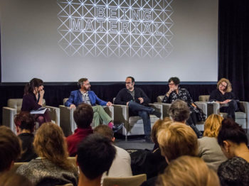 The Livable panel, (from left) Bettina Stoezer, Bill Maurer, Tal Danino, Claire Pentecost, and Rebecca Uchill (co-convener of the symposium). Credit: L. Barry Hetherington.