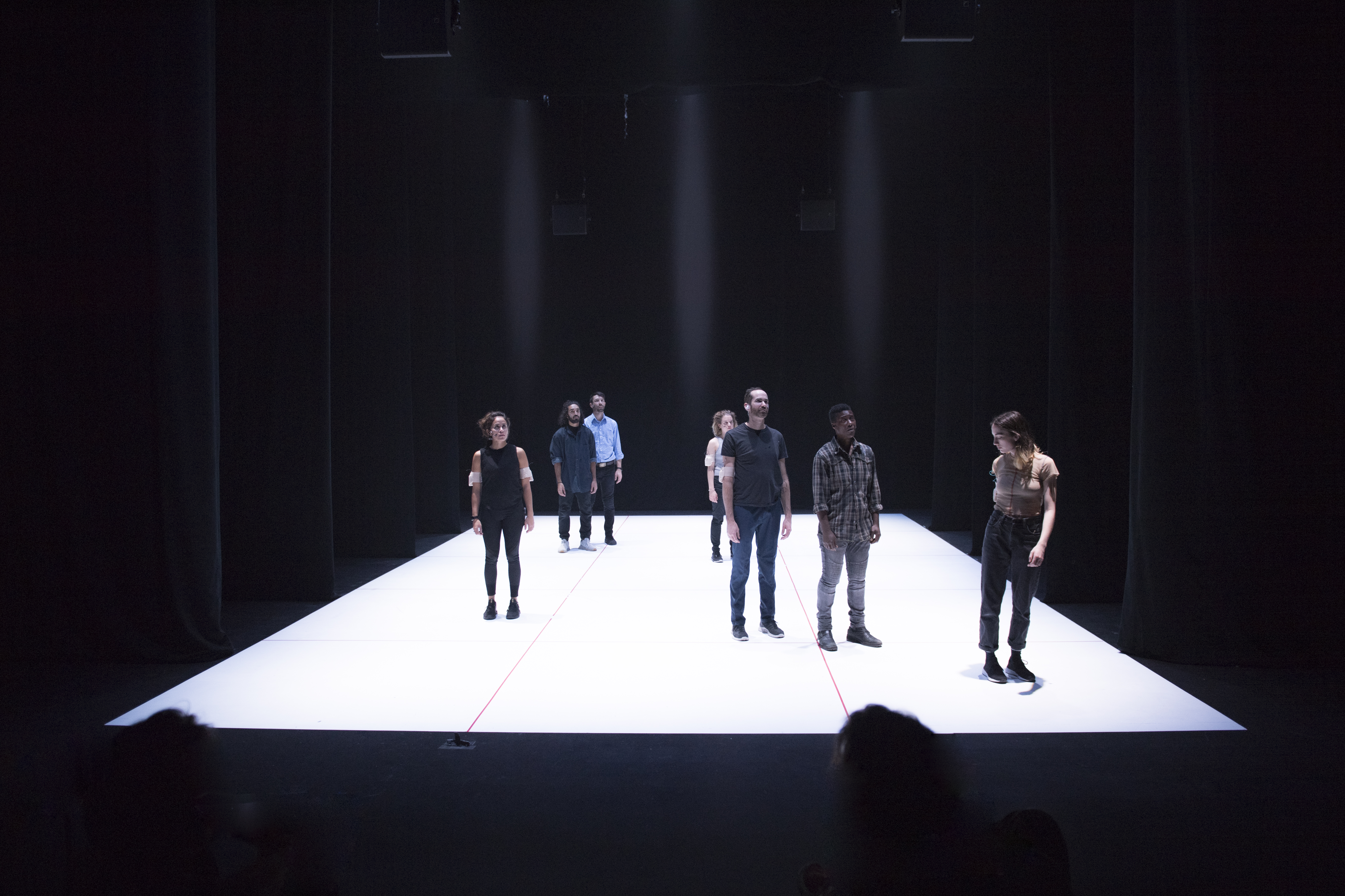 NERVOUS/SYSTEM by Andrew Schneider and Company: (left to right) Ashley Marie Ortiz, Antonio Irizarry, Peter Musante, Lindsay Head, Jamie Roach, T.L. Thompson and Kedian Keohan. Photo by Sham Sthankiya. 