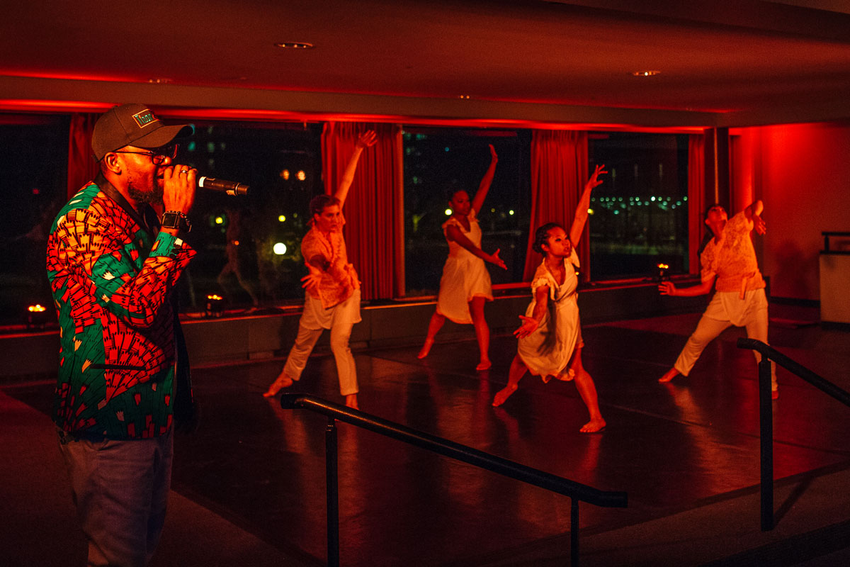 As part of MIT Sounding, Haitian rapper, poet and singer BIC performs his work in collaboration with Jean Appolon Expressions, a Cambridge-based Haitian contemporary dance company. Photo by Caroline Alden.