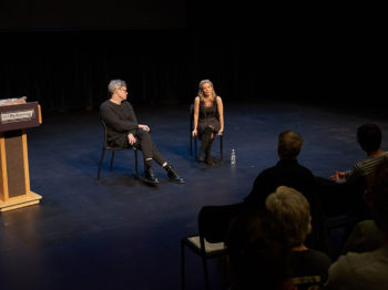 Lisa Dwan and Jay Scheib at MIT. Credit: Leon Yim.