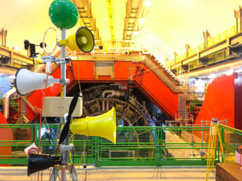 Installation view of sonic sculpture inside colorful CERN in the LHC ALICE Detector in Switzerland.